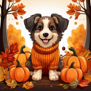 Adorable Fall-Themed Cartoon Dog Art | Cozy Autumn Puppy Illustration PNG | Perfect for Seasonal Products and Decor