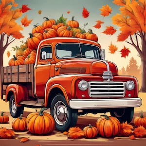 Vintage Red Truck with Pumpkins PNG | Fall Farmhouse Decor