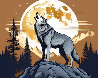 May include: A gray wolf howls at the full moon, standing on a rocky outcrop. The moon is a bright yellow and white, with a brown background. The wolf is silhouetted against the moon.