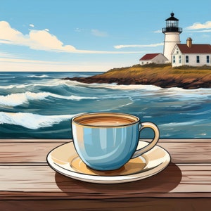 Puede incluir: Una taza de café azul con un líquido marrón claro en su interior se encuentra sobre una mesa de madera con un platillo blanco. La taza está frente a una vista panorámica de un faro en una costa rocosa con olas azules.