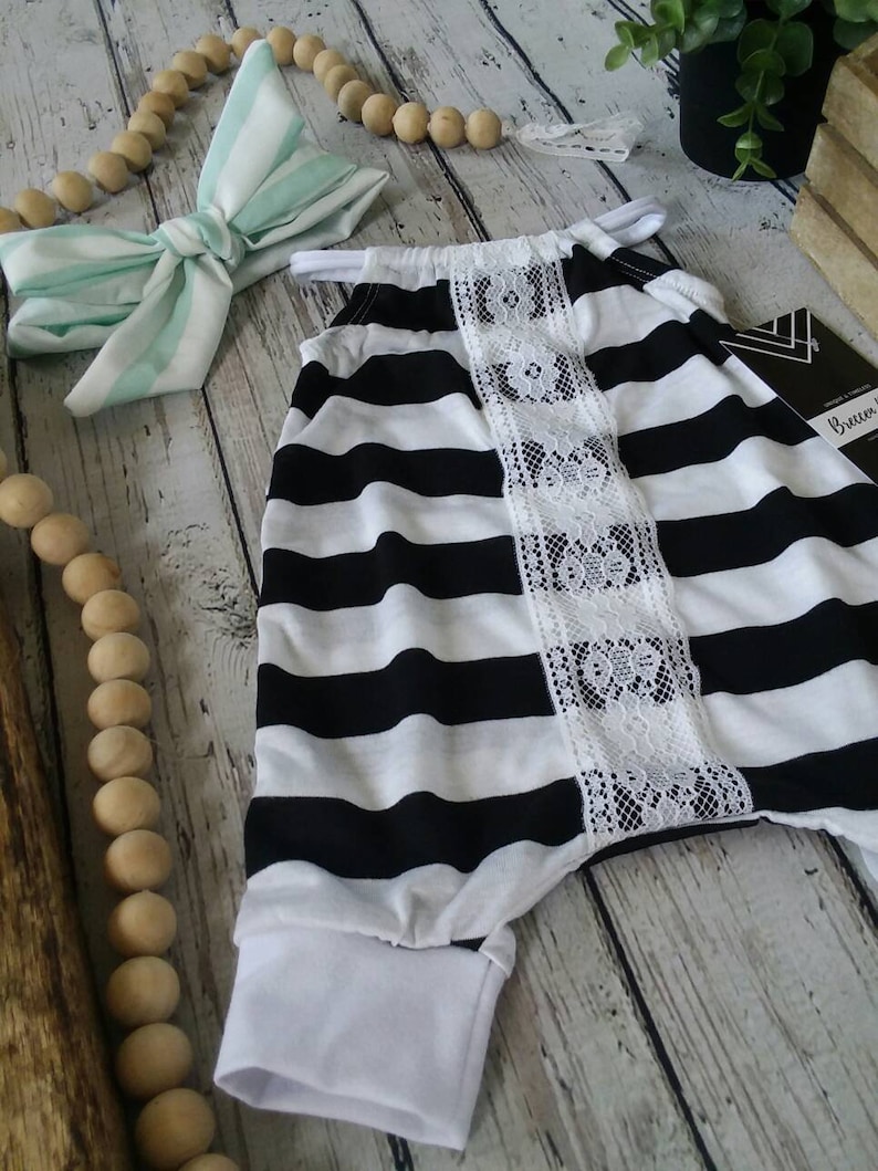 Newborn Girl Coming Home Outfit Romper Set Infant Baby Girl 3m Headband Lace Mint Black White Stripes