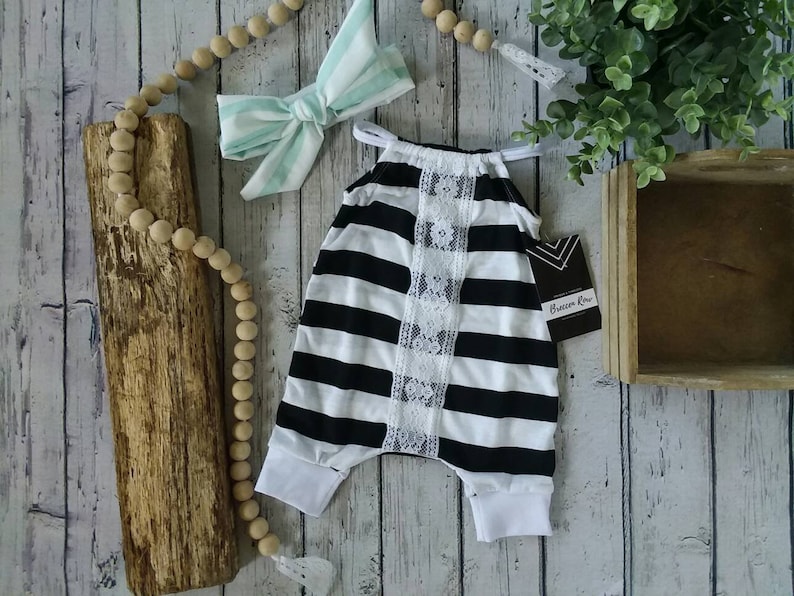 Newborn Girl Coming Home Outfit Romper Set Infant Baby Girl 3m Headband Lace Mint Black White Stripes