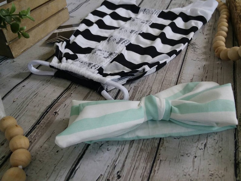 Newborn Girl Coming Home Outfit Romper Set Infant Baby Girl 3m Headband Lace Mint Black White Stripes