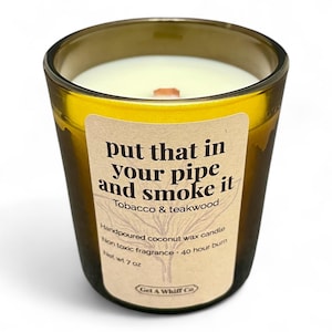 Tobacco Teakwood Candle | Crackling Wood Wick Amber Jar Apothecary Gift &quot;Put That In Your Pipe&quot;