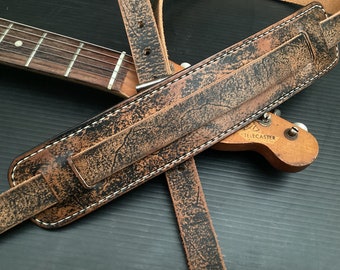 Leather guitar strap handmade  hand stitched relic worn style