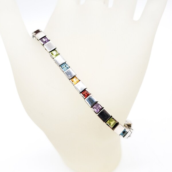 Rainbow Gemstone Tennis Bracelet, Princess Square Cut Rainbow Gems, Birthday Party Festival Jewelry, Peridot, Aquamarine, Citrine, Amethyst