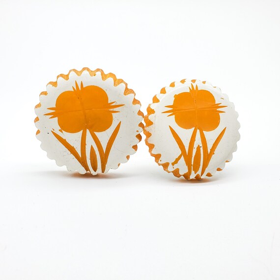 Bakelite Carved Flower Earrings, Egg Yolk Yellow B