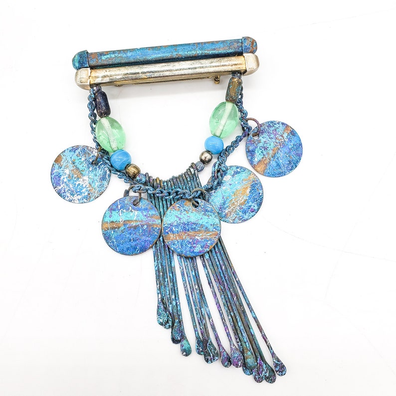 Splattered Paint Jewelry Mixed Metal Artist Jewelry Disks on Chain and Fringe Artist Spatter Brooch Artist Funky Statement Painter Pin
