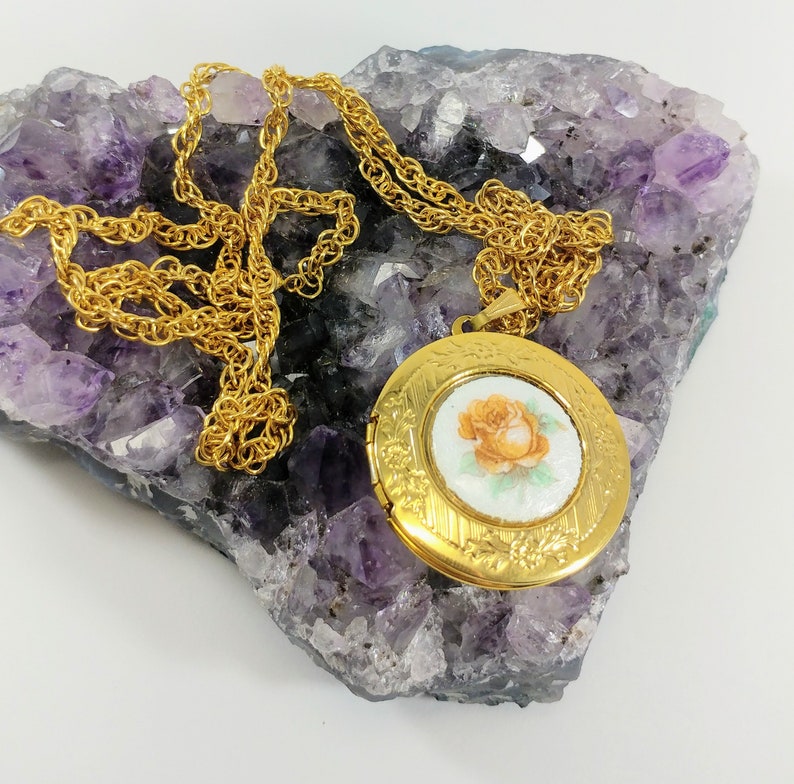 Gold Enamel Peach Rose Locket Enamel Rose Pendant Necklace Etsy