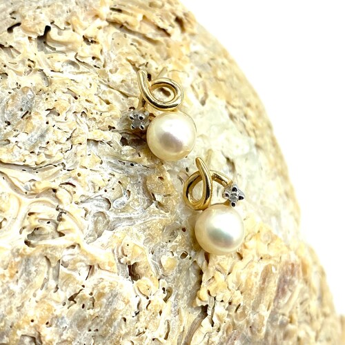 Shops 14k Diamond Peal Swirl Earrings, 6mm Pearl Loop Earrings W/ Small Prong Set Diamonds, Diamond & Peal Stud Earrings on Posts For pierced Ears