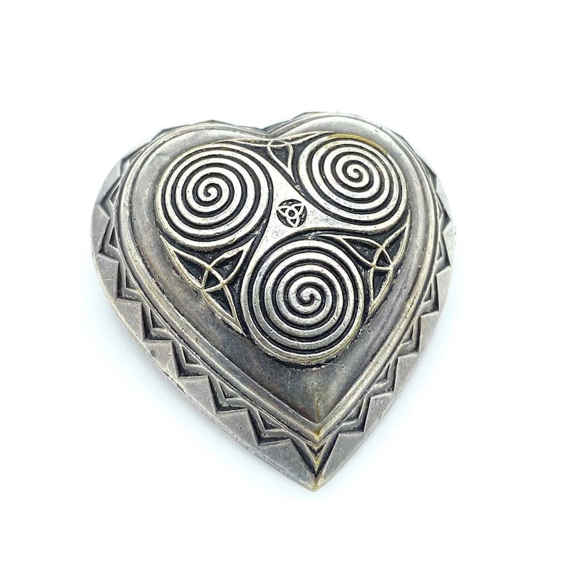 Sterling Puffed Celtic Heart Brooch, Beautiful Rare Silver Heart Brooch With Celtic Swirls & Patterns, Trinity Symbols, 1800s Trombone Clasp