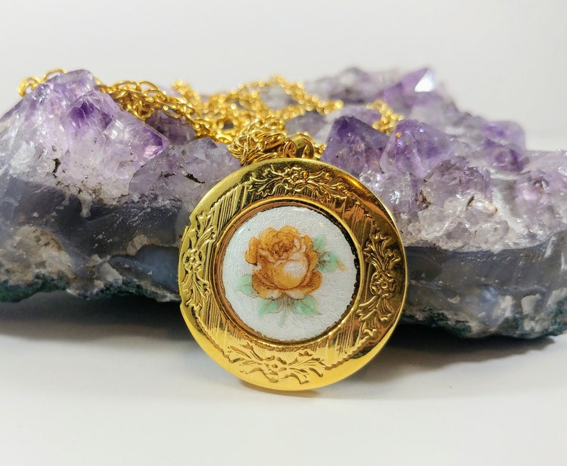 Gold Enamel Peach Rose Locket Enamel Rose Pendant Necklace Etsy