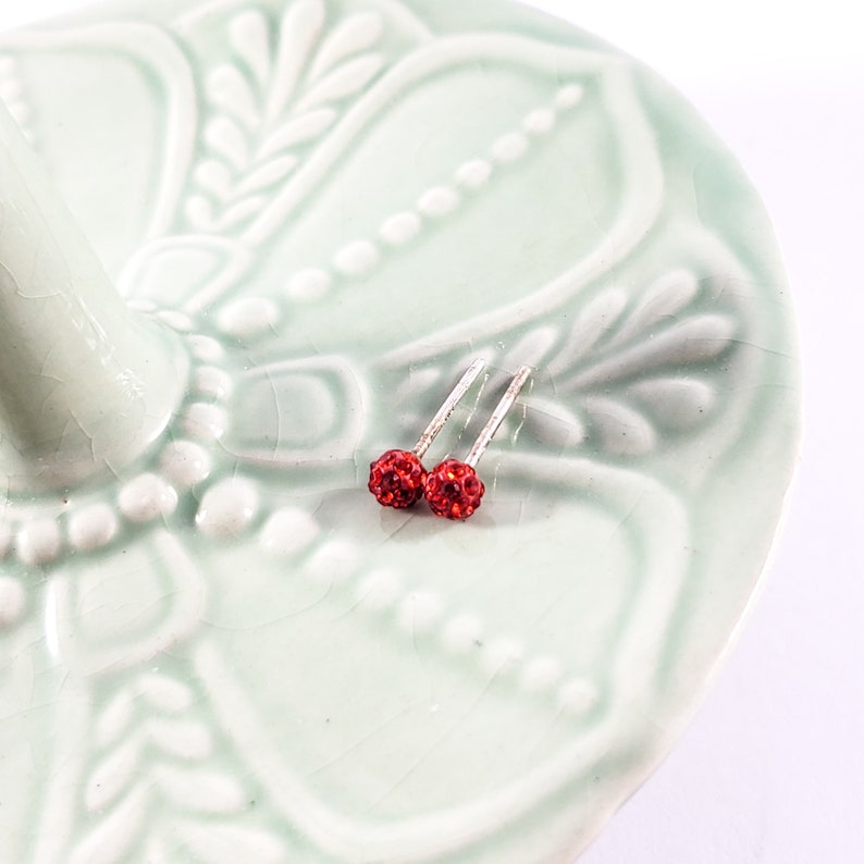 Dainty Ruby Red Rhinestone Ball Earrings ON sterling Posts for Pierced Ears Red Crystal Ball Earrings Tinny Red Ball Earrings Sterling