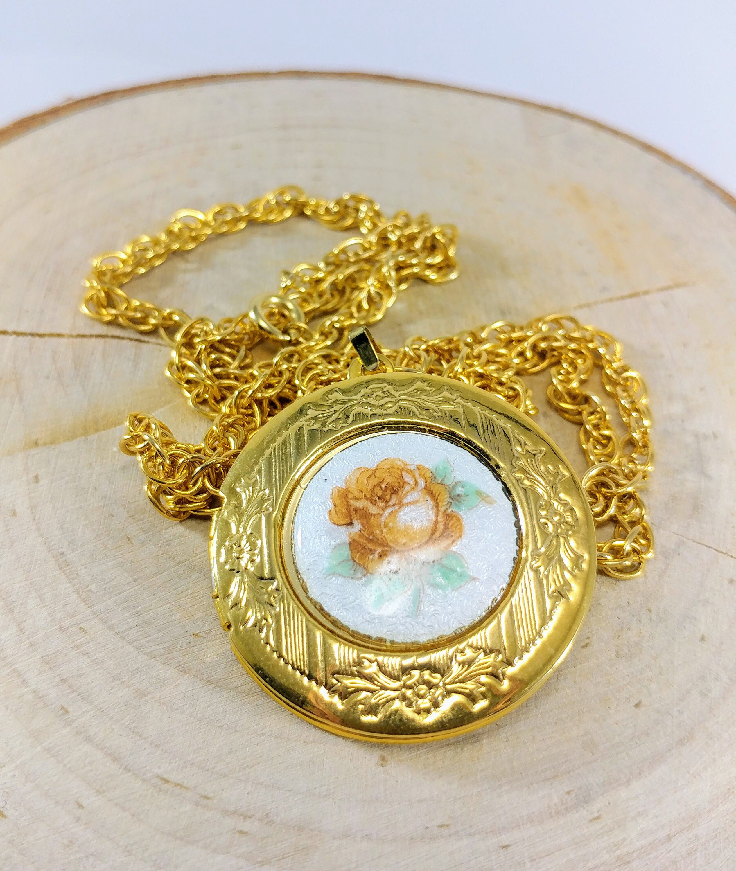Gold Enamel Peach Rose Locket Enamel Rose Pendant Necklace Etsy