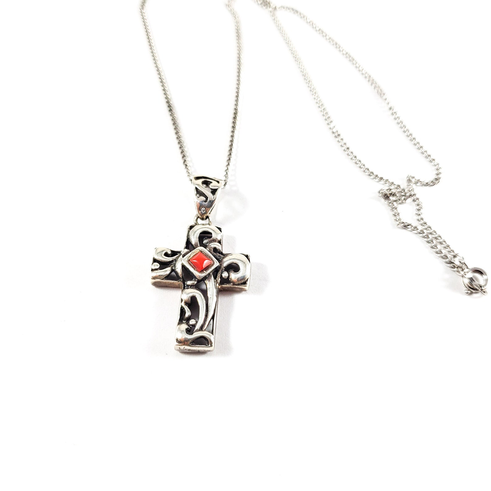 Coral Cross Necklace Sterling Religious Cross Necklace With Etsy