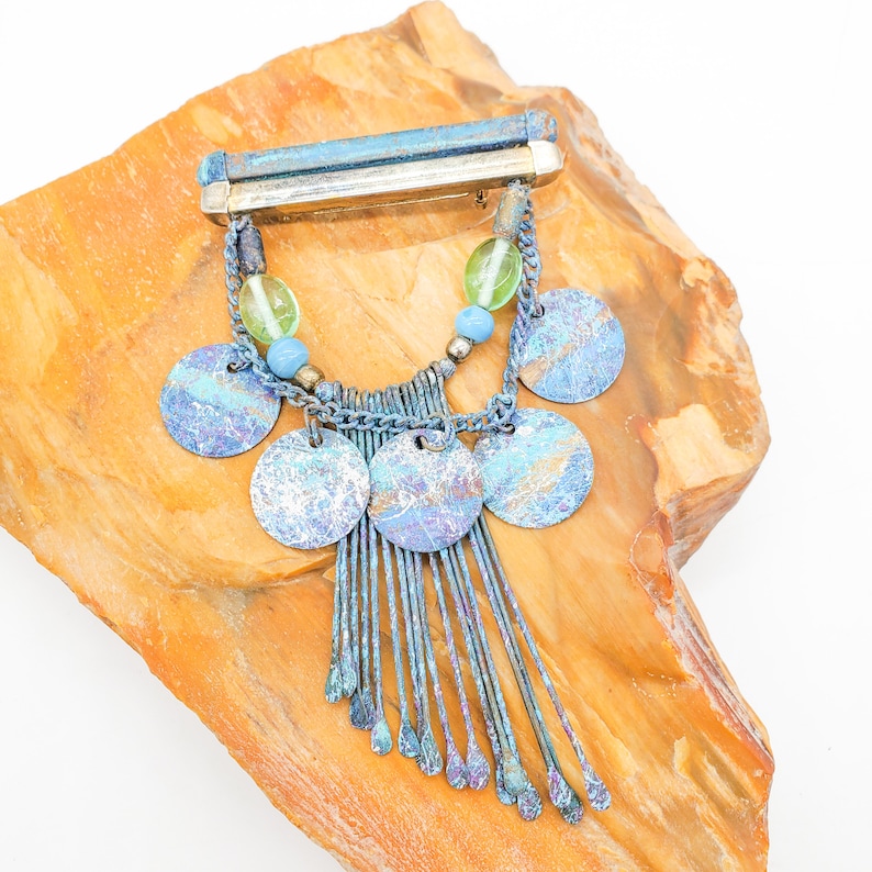 Splattered Paint Jewelry Mixed Metal Artist Jewelry Disks on Chain and Fringe Artist Spatter Brooch Artist Funky Statement Painter Pin