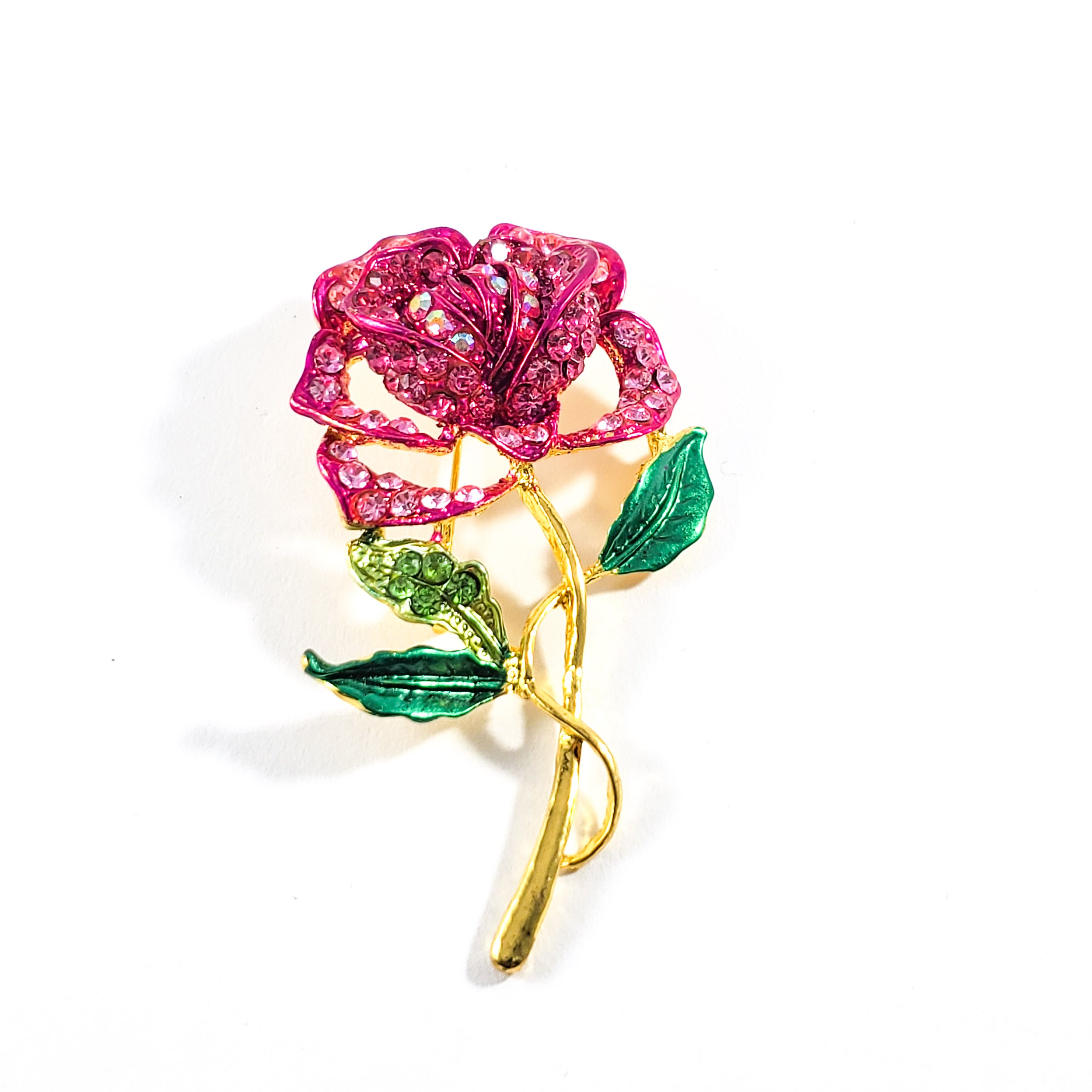 Pink Rose Brooch Pink Floral Brooch Rhinestone Brooch Green Etsy