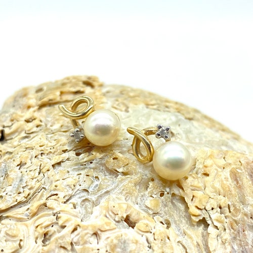 Shops 14k Diamond Peal Swirl Earrings, 6mm Pearl Loop Earrings W/ Small Prong Set Diamonds, Diamond & Peal Stud Earrings on Posts For pierced Ears