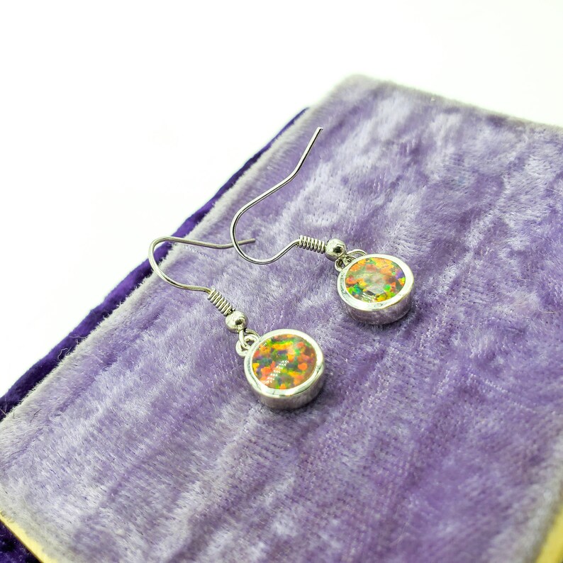 925 Opal Earrings Small Round Coin Like Dangles Peacock Opal In Bezel Set Sterling Silver On Hook For Pierced Ears October Birthstone