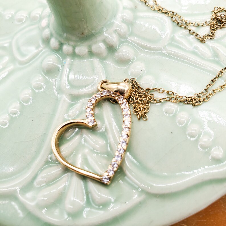 10K Gold Open Heart Pendant Necklace Half Gemstone Cut Out Etsy