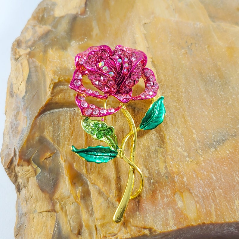 Pink Rose Brooch Pink Floral Brooch Rhinestone Brooch Green Etsy