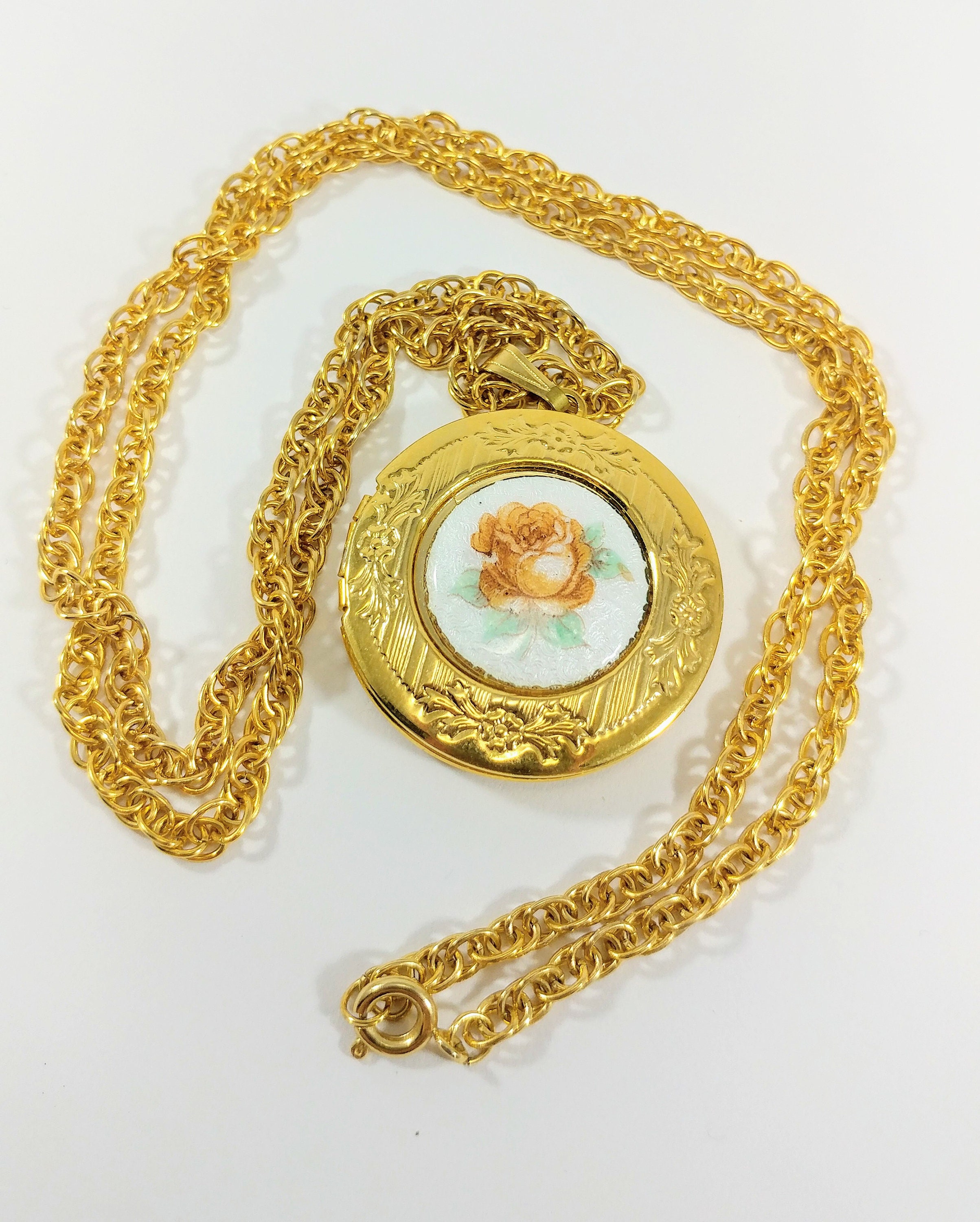 Gold Enamel Peach Rose Locket Enamel Rose Pendant Necklace Etsy