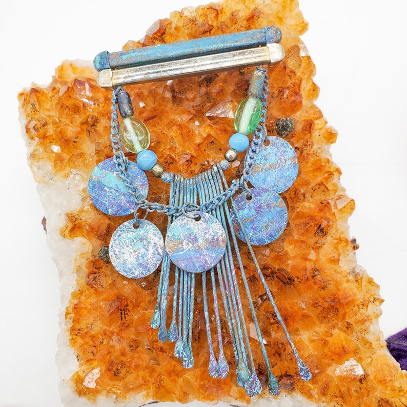 Splattered Paint Jewelry Mixed Metal Artist Jewelry Disks on Chain and Fringe Artist Spatter Brooch Artist Funky Statement Painter Pin