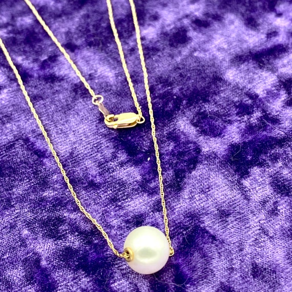 14K Single Floating Pearl Necklace,14K Gold Bridal Je… Gem