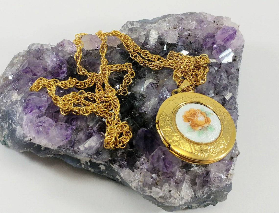 Gold Enamel Peach Rose Locket Enamel Rose Pendant Necklace Etsy