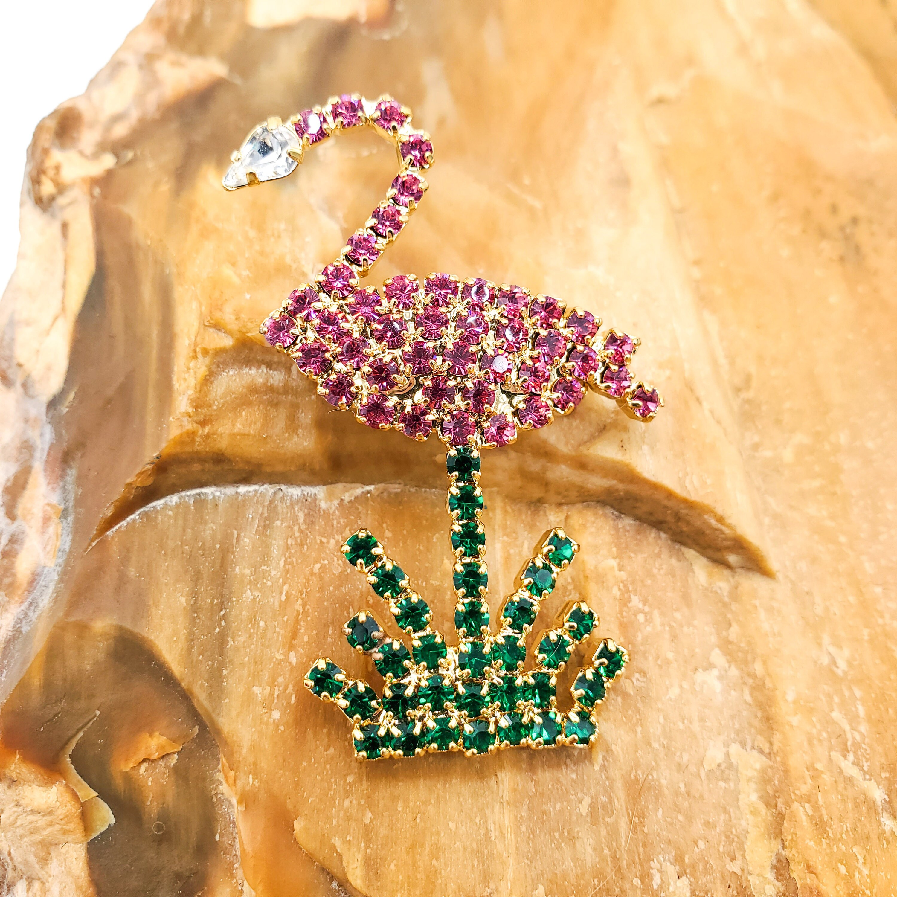 Pink Flamingo Brooch Pink Novelty Brooch Bauer Style Green Etsy