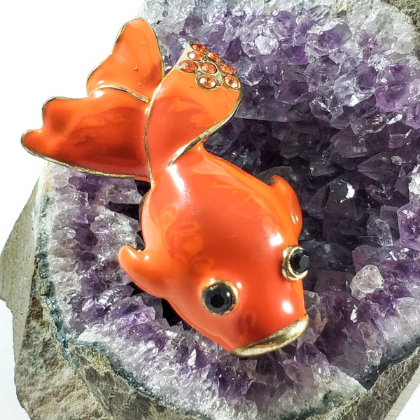 Gold Fish Statement Ring, Orange Enamel Fish Ring, Large Figural Flowy Statement Fish Jewelry ,Fun Statement Jewelry, Koi Fish Jewelry
