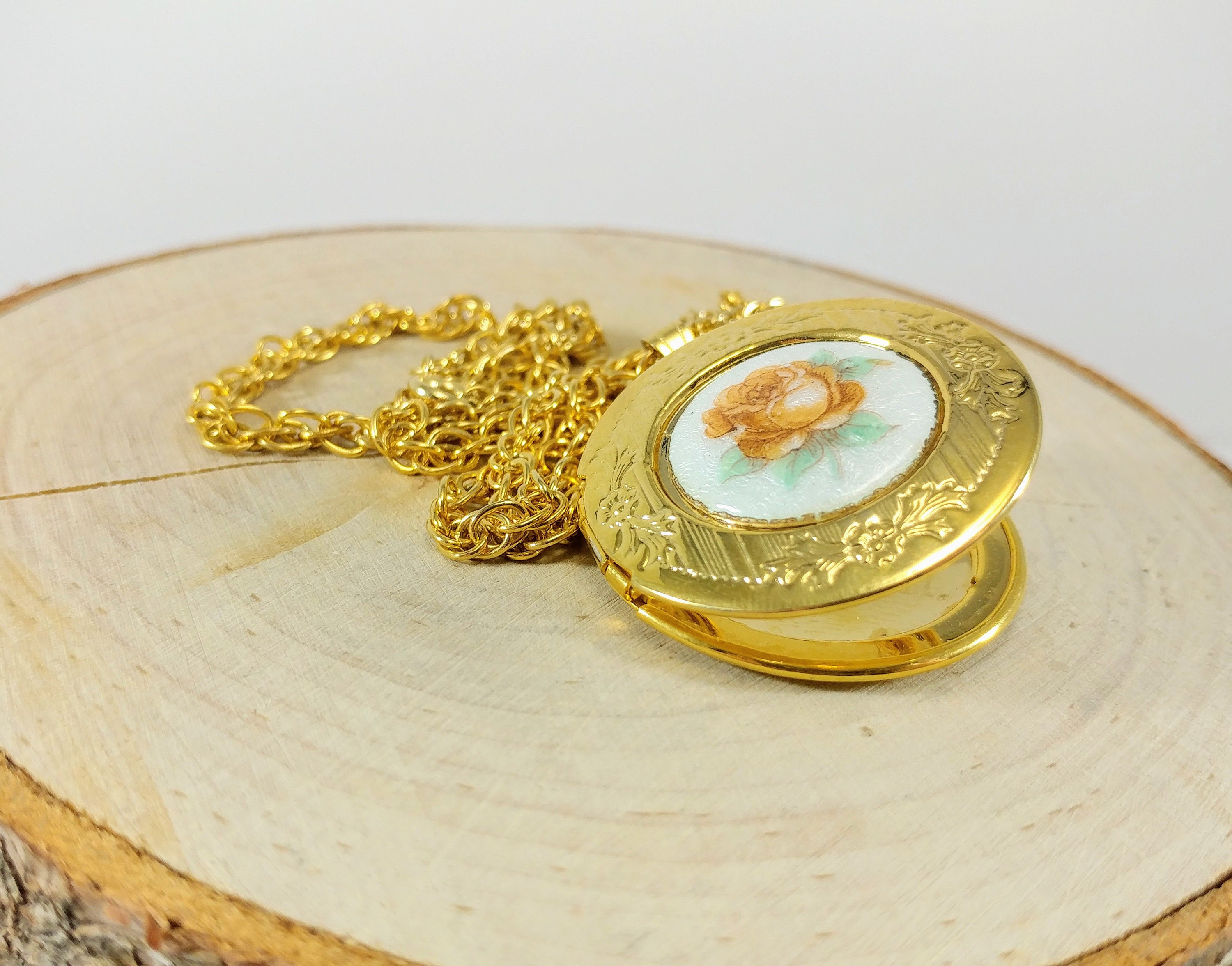 Gold Enamel Peach Rose Locket Enamel Rose Pendant Necklace Etsy