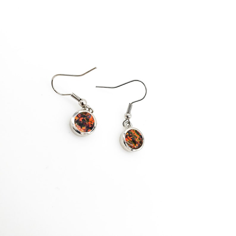 925 Opal Earrings Small Round Coin Like Dangles Peacock Opal In Bezel Set Sterling Silver On Hook For Pierced Ears October Birthstone