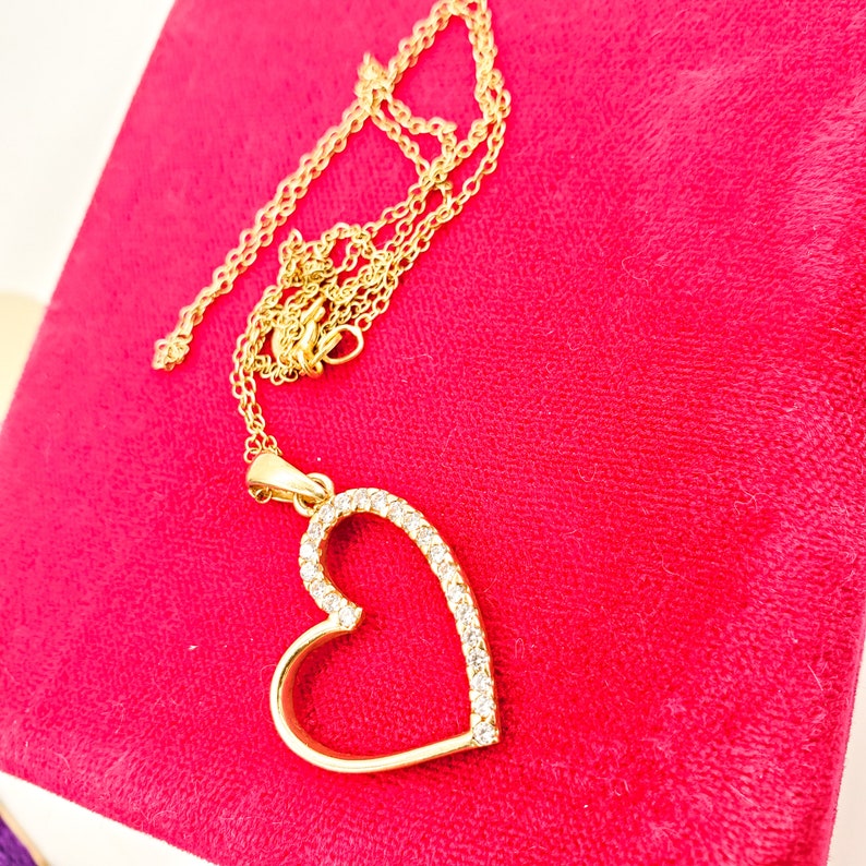 10K Gold Open Heart Pendant Necklace Half Gemstone Cut Out Etsy