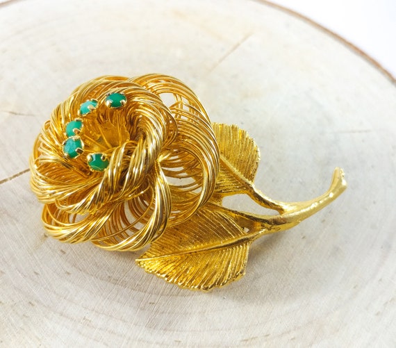 Hobe Brooch, Gold Wire Flower Brooch With Emerald
