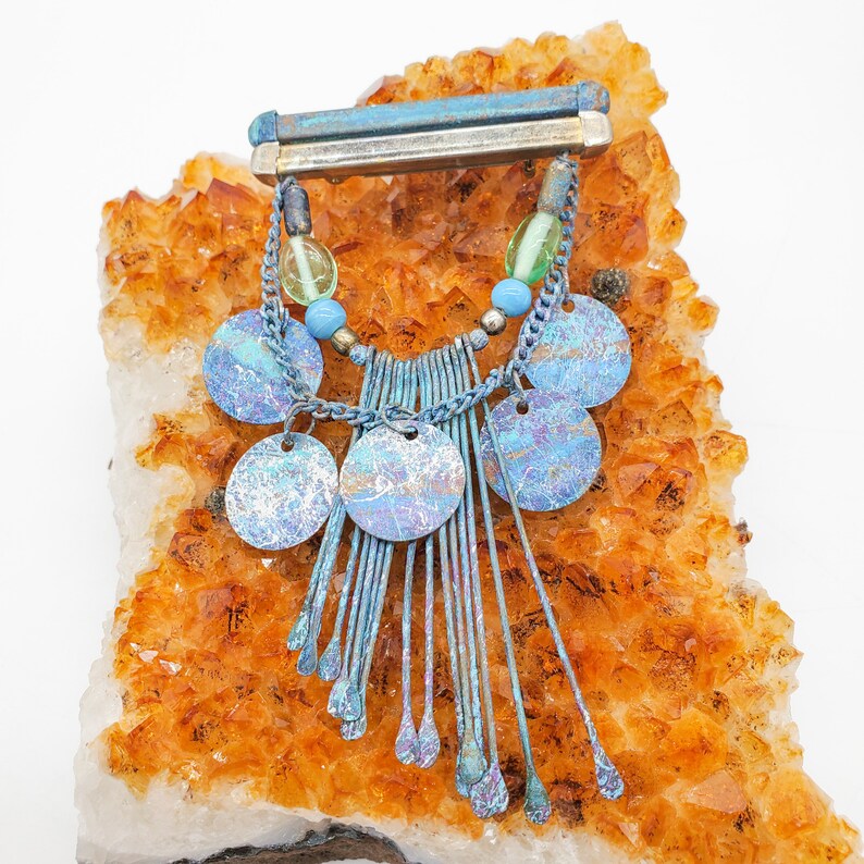 Splattered Paint Jewelry Mixed Metal Artist Jewelry Disks on Chain and Fringe Artist Spatter Brooch Artist Funky Statement Painter Pin