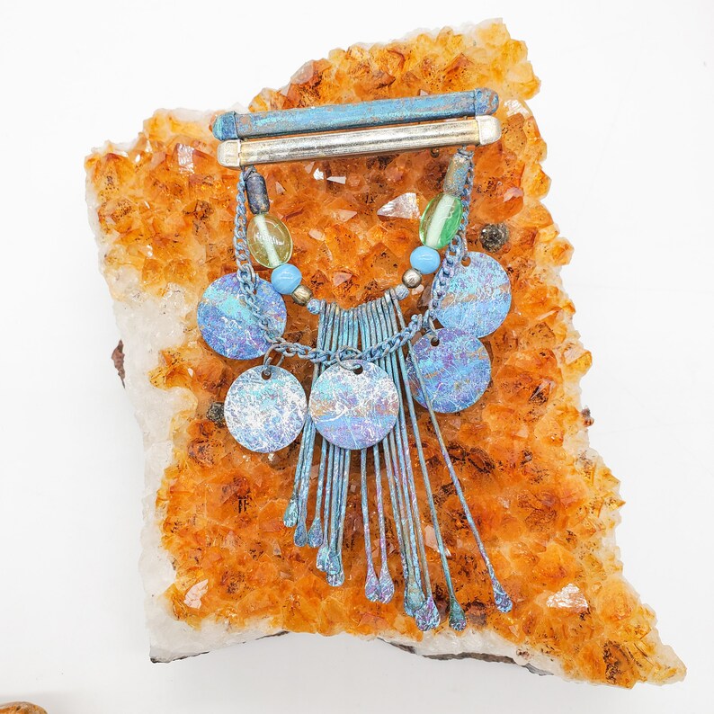 Splattered Paint Jewelry Mixed Metal Artist Jewelry Disks on Chain and Fringe Artist Spatter Brooch Artist Funky Statement Painter Pin
