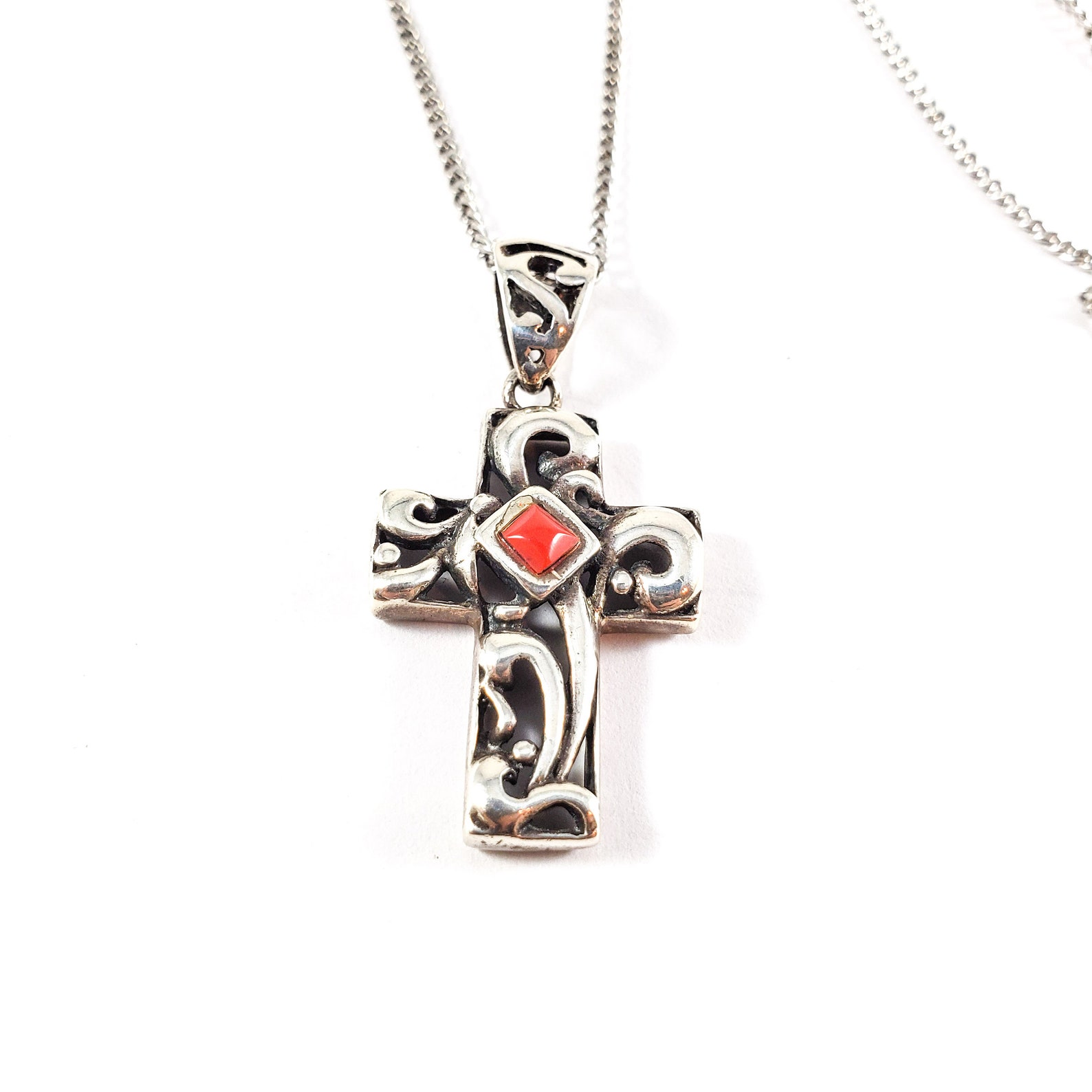 Coral Cross Necklace Sterling Religious Cross Necklace With Etsy