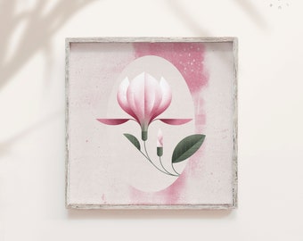 Magnolia, Wiosenne kwiaty, Rozowy kwiat, Druk, Geometryczny minimalizm, Plakat przyrodniczy, Botanika, Ozdoba kuchenna
