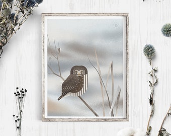 Pygmy owl print, Original bird art, Owl print, Geometric bird, Landscape decor, Nature lover gift