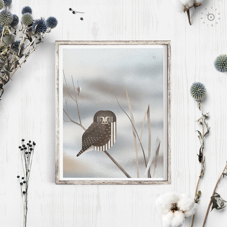 Pygmy owl print, Original bird art, Owl print, Geometric bird, Landscape decor, Nature lover gift image 1