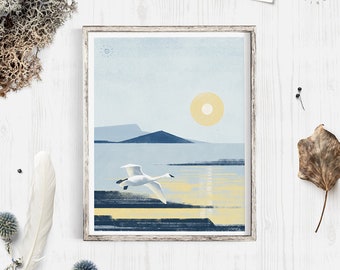 Trumpeter swan print, Original bird art, Swan print, Flying white bird, Water landscape, Northern decor, Nature lover gift