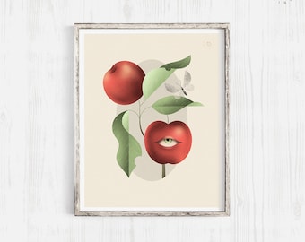 Red Apple, Green eye, Magical poster, Surreal plant, Nature print, Botany wall art, Geometric plant, Apple twig, White moth, Magical art