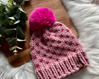 Handknit fair isle beanie with removable faux fur pompom