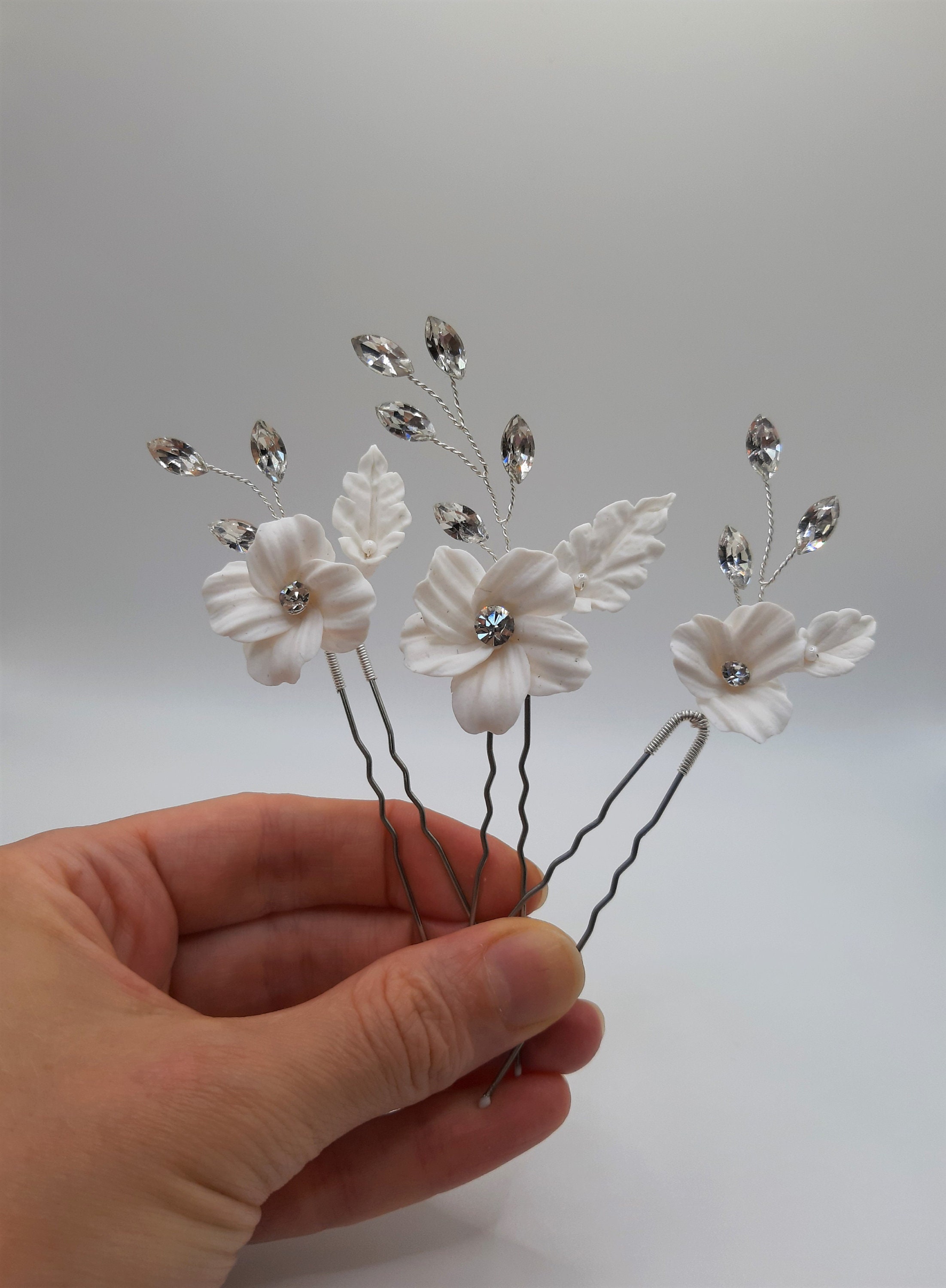 Wedding Hairpins. Set of 3 Hairpins.white Hairpins. Flower Etsy UK