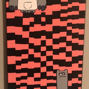 May include: A hand-painted canvas featuring two cartoon characters with gray bodies and black outlines. The characters are set against a background of alternating black and pink squares.