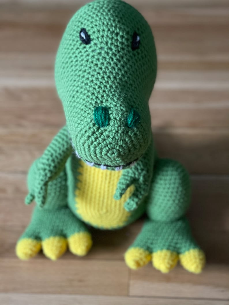 Handmade stuffed animal, dinosaur doll, T-Rex, knit by hand, Handmade baby gift image 1