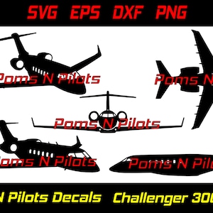 Puede incluir: Un conjunto de cuatro calcomanías en silueta negra y blanca de un avión privado Challenger 300. Las calcomanías son para usar en un vehículo u otra superficie. El texto "Poms N Pilots Decals Challenger 300 Bundle" está en la parte inferior de la imagen.