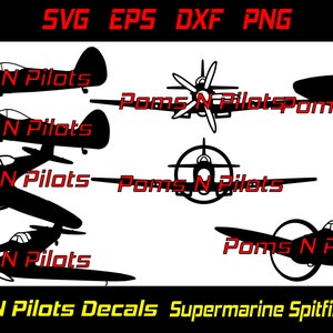 May include: A set of black and white silhouette decals of Supermarine Spitfire airplanes. The decals feature the text "Poms N Pilots" and are available in SVG, EPS, DXF, and PNG formats.