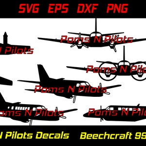 May include: Five black silhouette images of Beechcraft 99 airplanes. The images are arranged in a grid pattern. The text "Poms N Pilots Decals Beechcraft 99 Bundle" is at the bottom of the image.